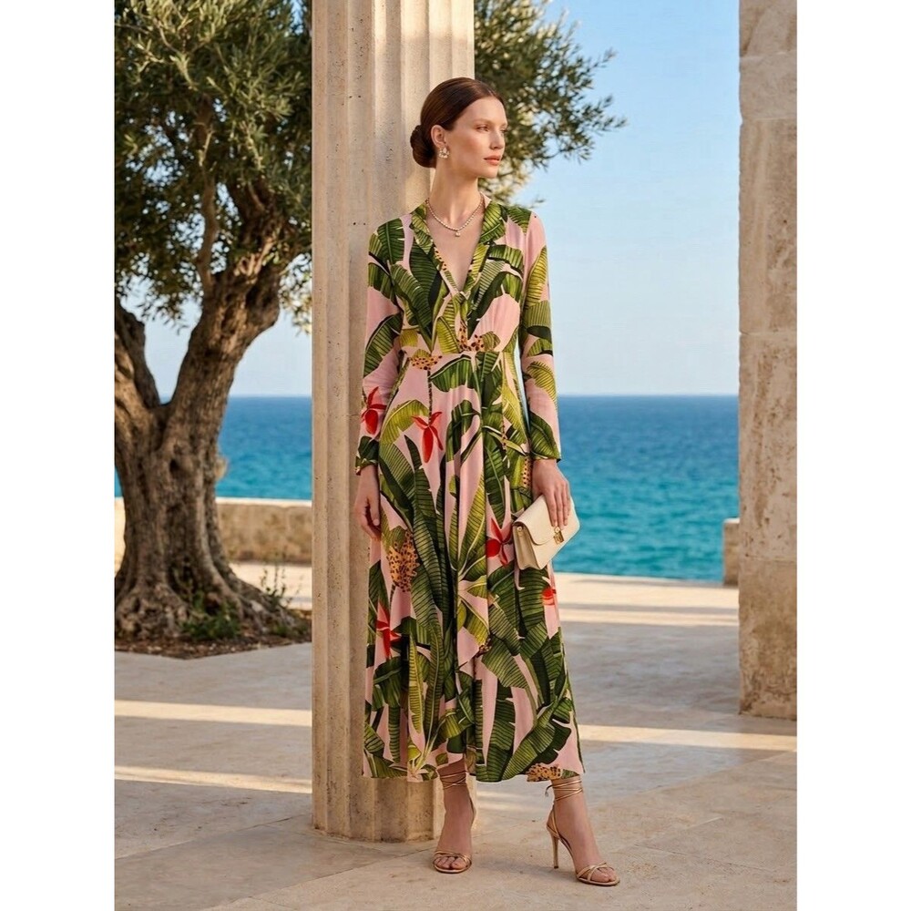 NWT FARM Rio Pink Banana Leaves Maxi Dress Size Large Tropical Resortwear